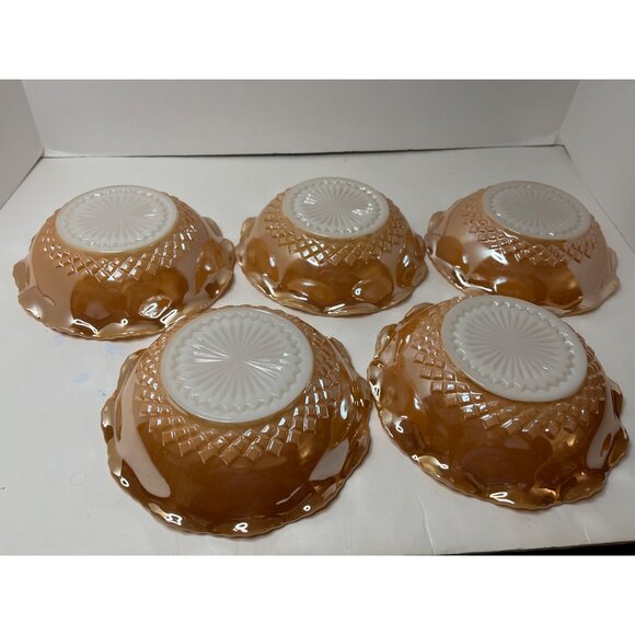 Fire King Peach Luster Soup salad Bowl Set of 5 Ruffled Rim 7” Milk Glass Bottom - Picture 5 of 8